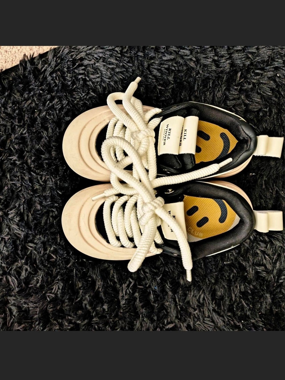 Chunky Cream and Black High-Top Sneakers with Smiley Insole